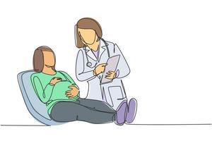 un dibujo de una sola línea de una doctora en obstetricia y ginecología hablando con el paciente y explicando la condición del útero. Ilustración de vector de diseño de dibujo de línea continua de concepto de atención médica embarazada