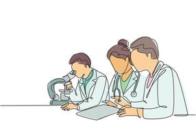 One continuous line drawing of doctor analyze infected patient blood sample using laboratory microscope to find covid vaccine. Coronavirus medical research. Single line draw design vector illustration