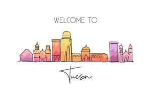 Single continuous line drawing of Tucson city skyline, Arizona. Famous city scraper landscape. World travel concept home wall decor art poster print. Modern one line draw design vector illustration