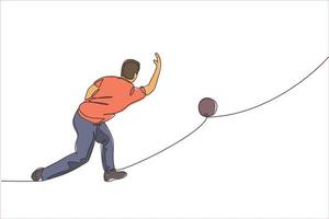 One continuous line drawing of young happy bowling player man throw ball into lane to hit the pin. Healthy sport and lifestyle activity concept. Dynamic single line draw design vector illustration