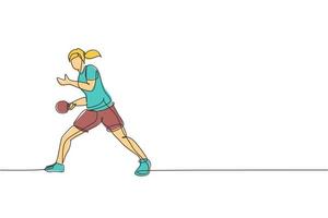 dibujo de una sola línea continua de una joven y ágil jugadora de tenis de mesa que sirve la pelota. concepto de ejercicio deportivo. ilustración vectorial de diseño de dibujo de una línea de moda para los medios de promoción del torneo de ping pong vector