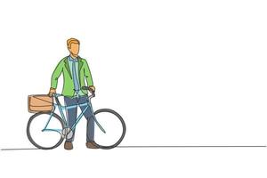 Single continuous line drawing young professional businessman riding bicycle to his company. Bike to work, eco friendly transportation concept. Trendy one line draw design vector graphic illustration