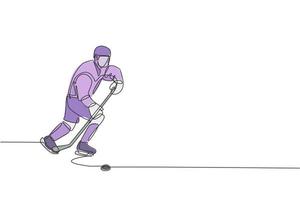 One continuous line drawing of young professional ice hockey player exercising and practicing on ice rink stadium. Healthy extreme sport concept. Dynamic single line draw design vector illustration