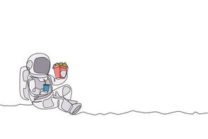 Single continuous line drawing of spaceman sitting relax on moon surface while eating french fries and drinking soft soda. Outer space life concept. Trendy one line draw design vector illustration