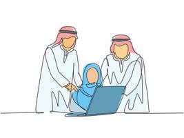 Single continuous line drawing of young happy muslim workers watching business training video on laptop. Arab middle east cloth shmagh, hijab, thawb, robe. One line draw design vector illustration