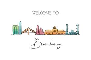 One continuous line drawing of Bandung city skyline, India. Beautiful city landmark. World landscape tourism and travel vacation. Editable stylish single line draw design graphic vector illustration