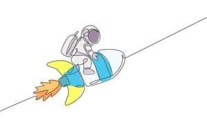 Single continuous line drawing of astronaut in spacesuit flying at outer space while sitting and riding rocket spacecraft. Science astronomy concept. Trendy one line draw design vector illustration