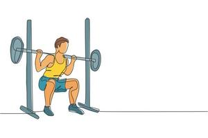 Single continuous line drawing of young sportive man train lifting barbell in sport gymnasium club center. Fitness stretching concept. Trendy one line draw design vector illustration graphic