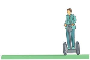 Single continuous line drawing young happy businessman riding kick scooter to the company. Eco friendly transportation. Urban lifestyle concept. Trendy one line draw graphic design vector illustration