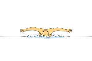 One continuous line drawing of young muscular professional swimmer man swimming in sport center. Healthy sport and fitness cardio exercise concept. Dynamic single line draw design vector illustration