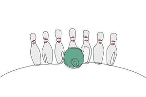 One continuous line drawing of bowling pins lined up at bowling lane. Healthy sport logo, icon and symbol concept. Dynamic single line draw design graphic vector illustration