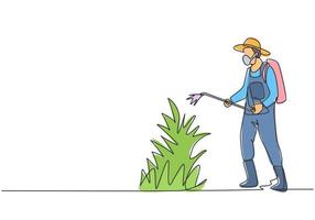 Single continuous line drawing young male farmer complete with mask spraying the green plants with disinfectant sprayer. Minimalism concept. Dynamic one line draw graphic design vector illustration