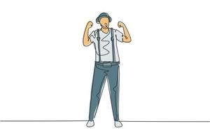 Continuous one line drawing mime artist stands with celebrate gesture and white face make-up makes audience laugh with silent comedy. Great show. Single line draw design vector graphic illustration