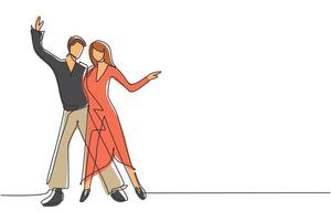 Single one line drawing man and woman professional dancer couple dancing tango, waltz dances on dancing contest dancefloor. Night party. Modern continuous line draw design graphic vector illustration