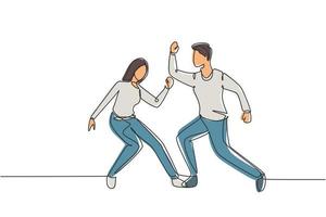 Continuous one line drawing man and woman dancing Lindy hop or Swing. Male and female characters performing dance at school or party. Fun lifestyle. Single line draw design vector graphic illustration