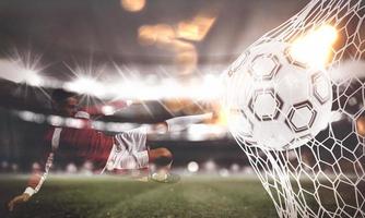 Background of a soccer ball scores a goal on the net. 3D Rendering photo