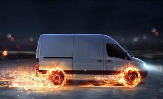 Super fast delivery of package service with van with wheels on fire photo