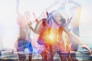 Dj plays music at the beach party with dancing people in overlay photo