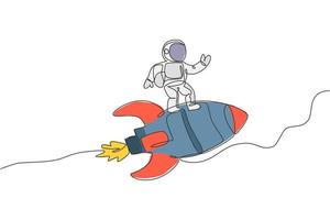 One single line drawing of astronaut in spacesuit flying and discovering deep space while standing on rocket spaceship illustration. Exploring outer space concept. Modern continuous line draw design vector