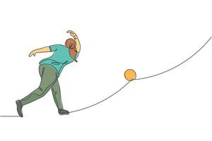 Single continuous line drawing of young happy bowling player man throw bowling ball to hit the pins. Doing sport hobby at leisure time concept. Trendy one line draw design graphic vector illustration