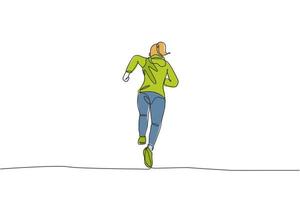 One single line drawing of young happy runner woman wearing hoodie exercise to improve stamina vector illustration. Healthy lifestyle and competitive sport concept. Modern continuous line draw design