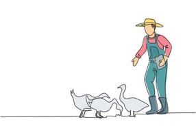 Continuous one line drawing young male farmer is feeding the geese to be healthy and produce the best eggs and meat. Farming minimalist concept. Single line draw design vector graphic illustration.