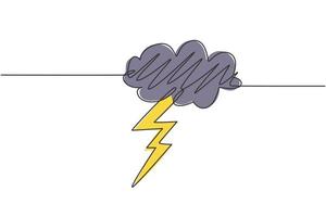 Single continuous line drawing of  flashing thunderbolt with heavy cloud in the sky. Daily natural weather phenomena concept. Minimalism dynamic one line draw. Graphic design vector illustration