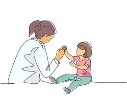 Single continuous line drawing of young female pediatric doctor invited cute baby toddler patient to play and follow her instruction. Medical treatment concept one line draw design vector illustration