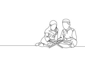 One continuous line drawing of muslim and muslimah kids reading and recite Quran. Islamic holy day Ramadan Kareem and Eid Mubarak greeting card concept single line draw design vector illustration