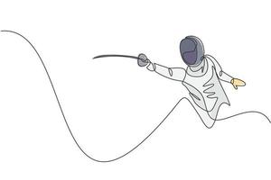 One single line drawing of young woman fencer athlete in fencing costume exercising motion on sport arena vector illustration. Combative and fighting sport concept. Modern continuous line draw design