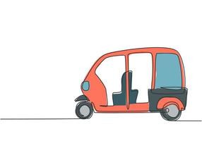continuo uno línea dibujo desde el lado, bicitaxi es un tradicional transporte en India cuales es todavía operando Hasta que ahora servicio pasajeros soltero línea dibujar diseño vector gráfico ilustración.