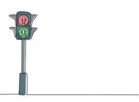 Single one line drawing of special traffic lights for pedestrians crossing the highway through the zebra crossing. Only two colors. Red and green. One line draw design graphic vector illustration.