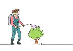 Continuous one line drawing female farmer, complete with a mask, is spraying the plants with a disinfectant sprayer. Farming minimalist concept. Single line draw design vector graphic illustration.