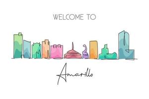 One single line drawing visit Amarillo city skyline, Texas. World beauty town landscape art. Best holiday destination postcard. Editable stroke trendy continuous line draw design vector illustration