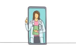 Una sola línea continua dibujando dos teléfonos inteligentes cara a cara y contienen a una paciente hijab y a una doctora hijab con sus cuerpos como si salieran de un teléfono inteligente. diseño gráfico de dibujo de una línea vector