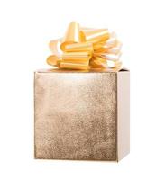 Big gift box decorated with golden paper and bow photo