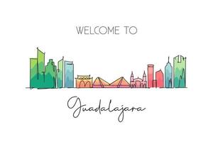 One continuous line drawing Guadalajara city skyline, Mexico. Beautiful landmark postcard. World landscape tourism travel vacation. Editable stylish stroke single line draw design vector illustration