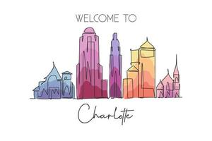 One continuous line drawing Charlotte city skyline United State. Beautiful landmark. World landscape tourism travel vacation poster. Editable stylish stroke single line draw design vector illustration