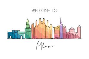 Single continuous line drawing of Milan city skyline, Italy. Famous city skyscraper landscape in world. World travel wall decor poster print concept. Modern one line draw design vector illustration