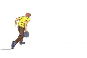 un dibujo de línea continua de un joven jugador de bolos feliz que tira la pelota al carril para golpear el alfiler. concepto de actividad de estilo de vida y deporte saludable. Ilustración de vector de diseño de dibujo de línea única dinámica