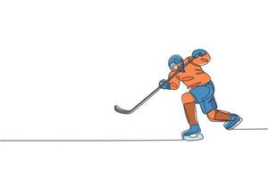 One single line drawing of young ice hockey player in action to play a competitive game on ice rink stadium vector graphic illustration. Sport tournament concept. Modern continuous line draw design