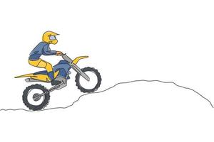 un dibujo de línea continua de un joven piloto de motocross escalar un montículo de tierra en la pista de carreras. concepto de deporte extremo. Ilustración de vector de diseño de dibujo de línea única dinámica para cartel de competición de motocross