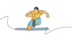 One continuous line drawing of young sporty man runner jumping obstacle while run. Health activity sport concept. Dynamic single line draw design vector illustration for running event promotion poster