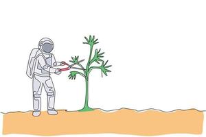 One single line drawing of astronaut cutting tree leaf using gardening scissor in moon surface vector graphic illustration. Outer space gardening concept. Modern continuous line draw design