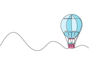 Continuous one line drawing hot air balloon with stripe pattern and a passenger basket. Fun flying vacation experience in the sky with the family. Single line draw design vector graphic illustration.