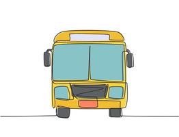Continuous one line drawing front view of bus that is stopped at the bus stop waiting for passengers to get on and off, then continue their journey. Single line draw design vector graphic illustration