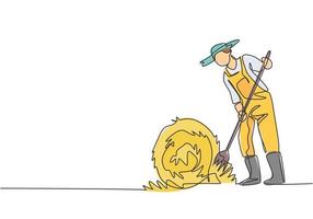 dibujo continuo de una línea El joven agricultor apuñalaba un pajar y lo enrollaba con un palito de paja. concepto minimalista de agricultura exitosa. Ilustración gráfica de vector de diseño de dibujo de una sola línea.