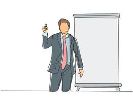 One continuous line drawing of young presenter giving thumbs up gesture to the audience while meeting. Business presentation at the office concept single line draw design vector illustration