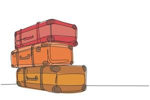 One continuous line drawing of old retro vintage leather suitcases stack. Classic travelling item concept single line draw graphic design vector illustration