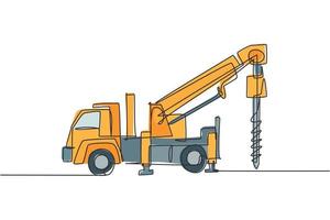 Single continuous line drawing of vehicle driller for drilling soil earth work. Heavy construction machines equipment concept. Trendy one line draw design vector graphic illustration